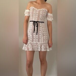 For Love & Lemons White Lace Off-Shoulder Mini Dress with Black Belt